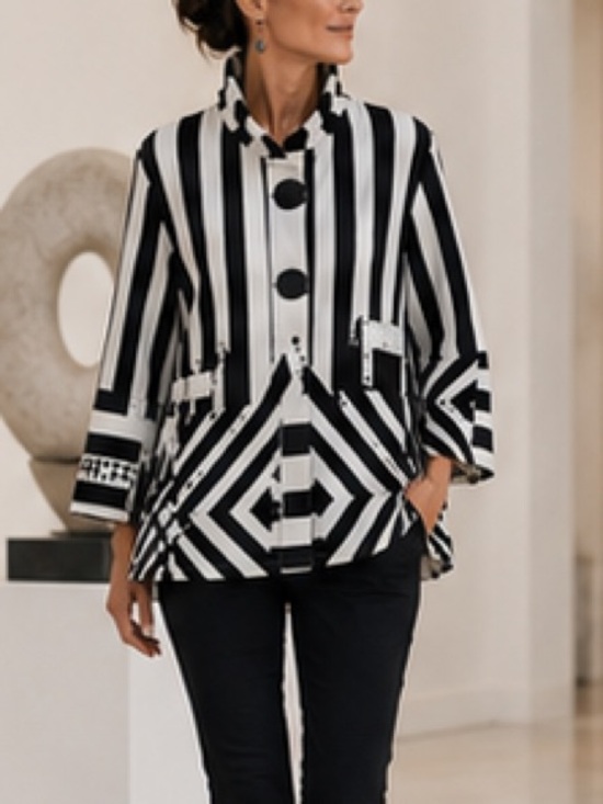 Damee Jackets & Blazers - Damee Swing Jacket Black Ivory Abstract Geometric Wire Collar Artsy Excellent S